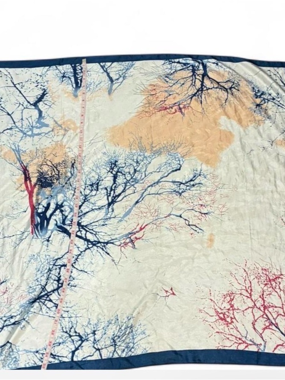 Cream Throw Blanket with Blue & Red Tree Print - Unbranded